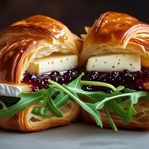 croissant recheado com queijo brie, rucula e geleia de pimenta